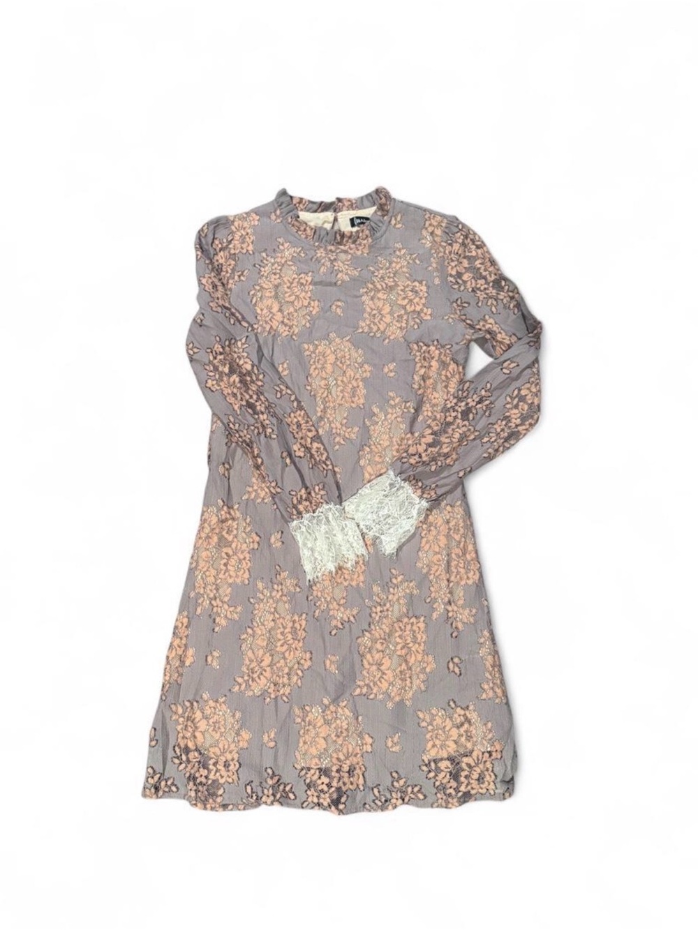 Allegra K Blush Floral Lace-Cuff Dress - Gray & Blush